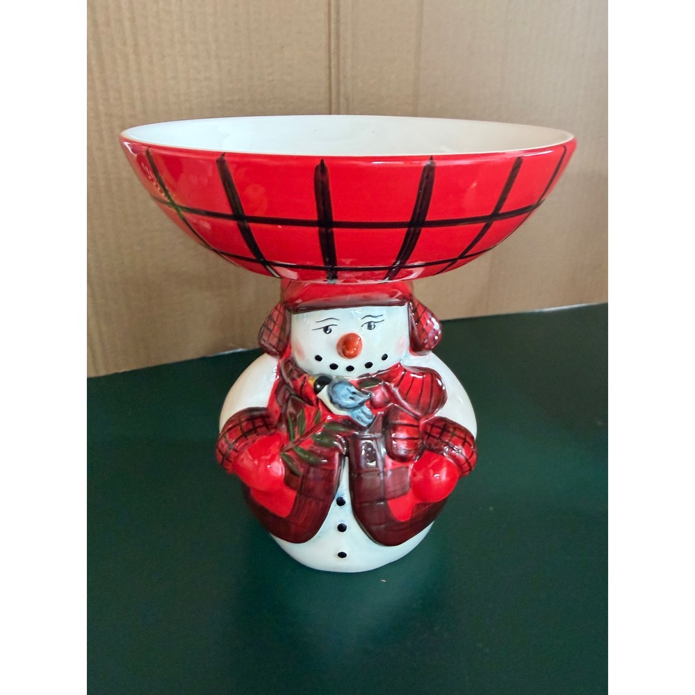 Pfaltzgraff Camp Jingles Snowman Candy Dish Red Buffalo Plaid Ceramic Bowl 2009